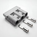 3 Pin Anderson Plug Single, gray electrical connector with three silver terminals on a white background