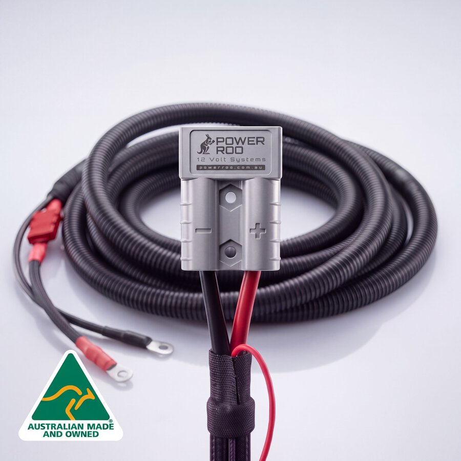 Coiled cable with Anderson connector on a white background, featuring an Australian Made and Owned logo.