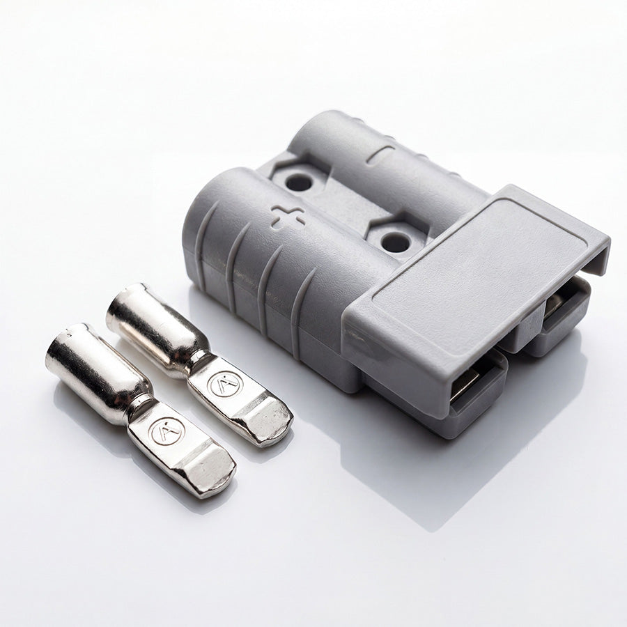Anderson Plug Single, Gray electrical connector with two silver terminals on a white background