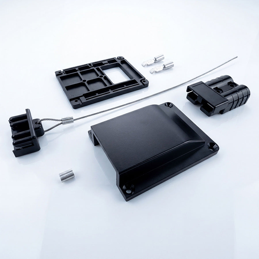 Black billet aluminium 50A Anderson plug surface mount kit components