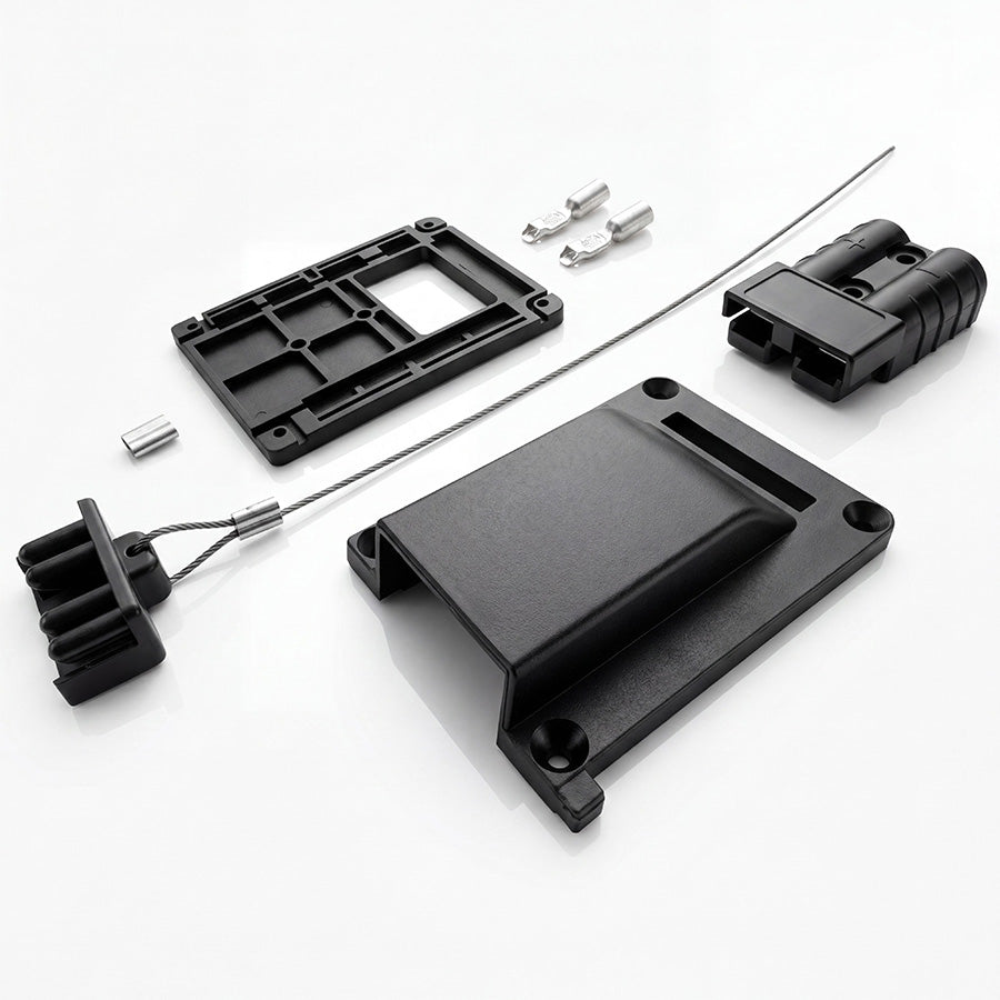 Black nylon Anderson connector kit components laid out