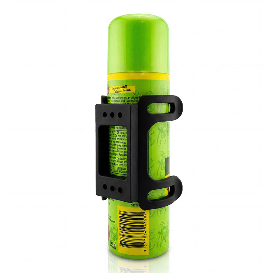 Black nylon holder gripping a green 150g insect repellent can