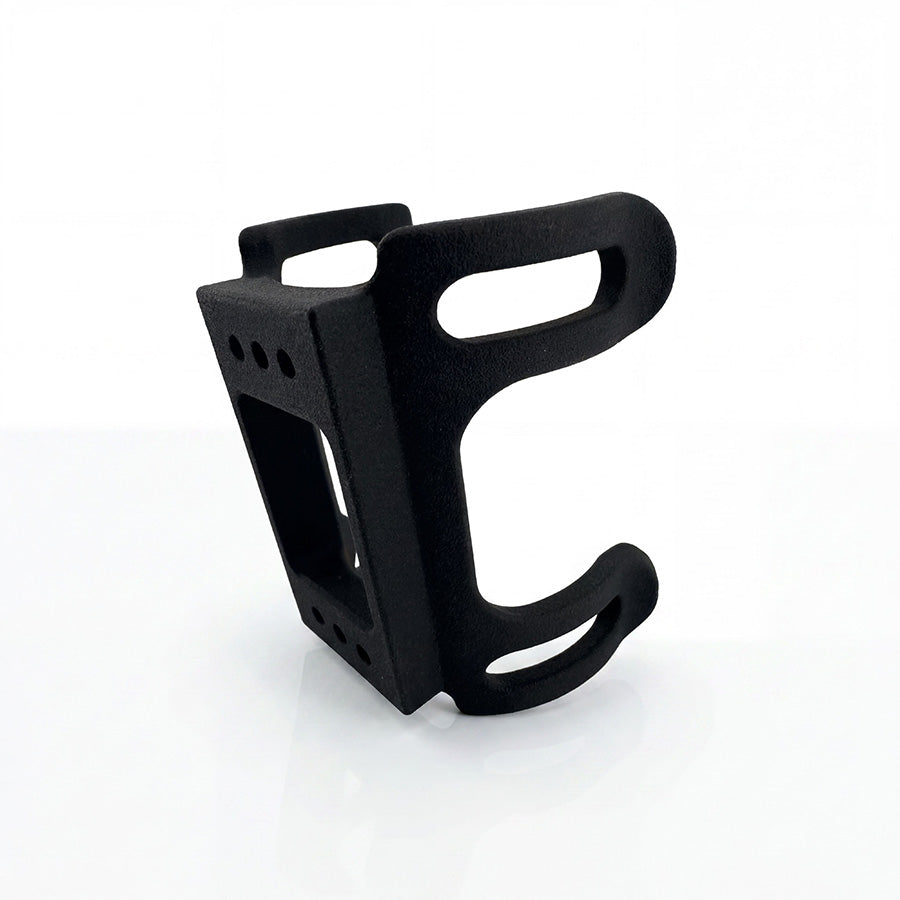 Ergonomic four-finger friction-fit nylon can mount, side profile