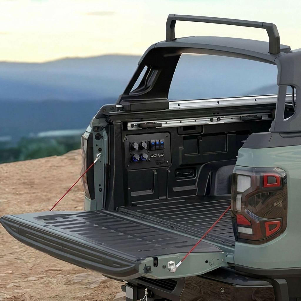 Truck bed with open tailgate and storage compartments against a scenic background