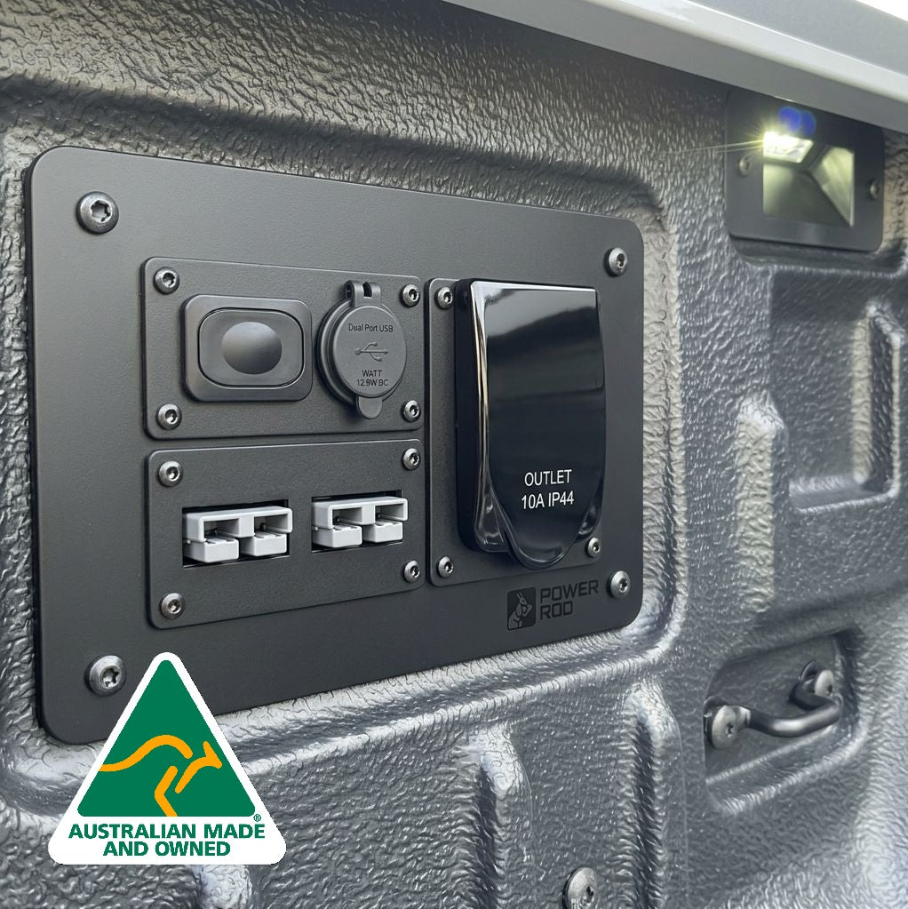 Super Duty Ford Ranger Electrical panel with outlets and switches on a textured gray surface