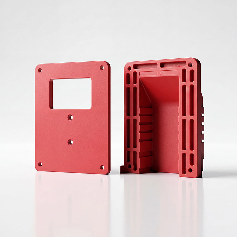 Pair of red nylon Anderson housing cover and base plate, close-up