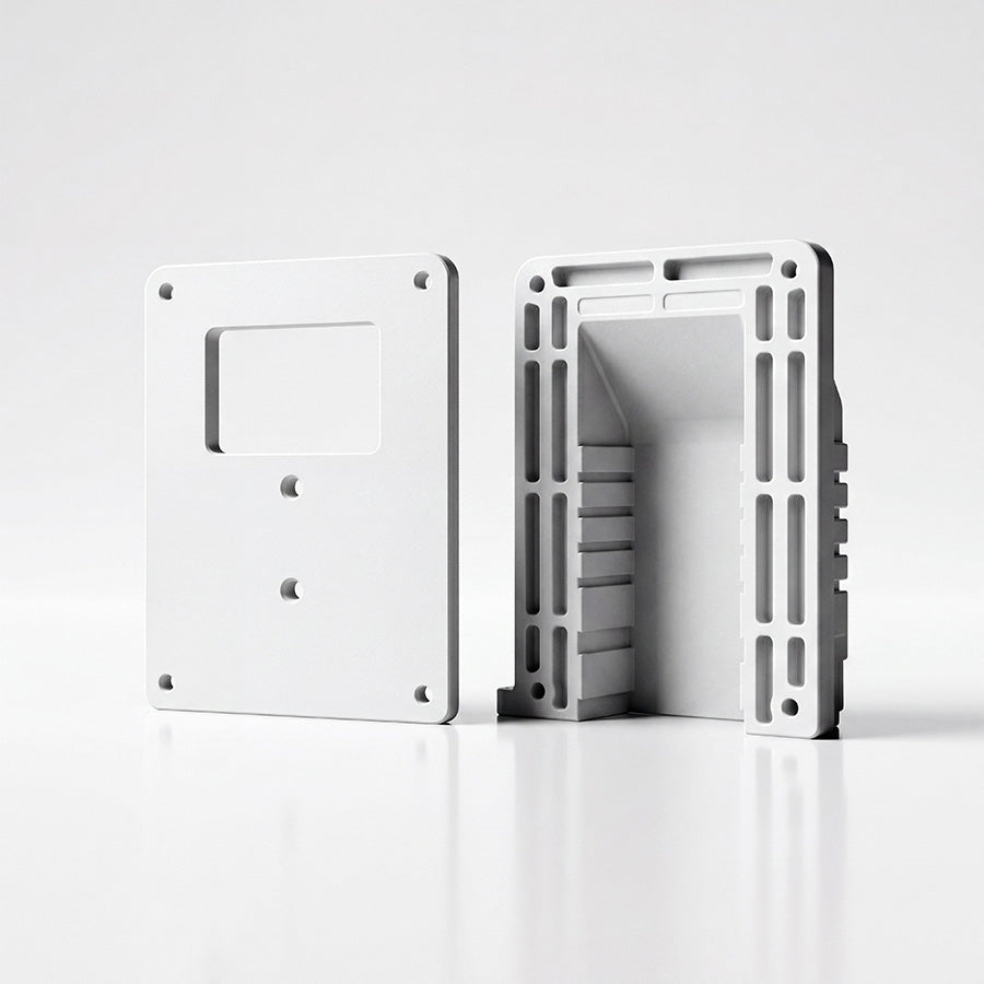 Two white nylon Anderson connector housings, base plate and cover close-up