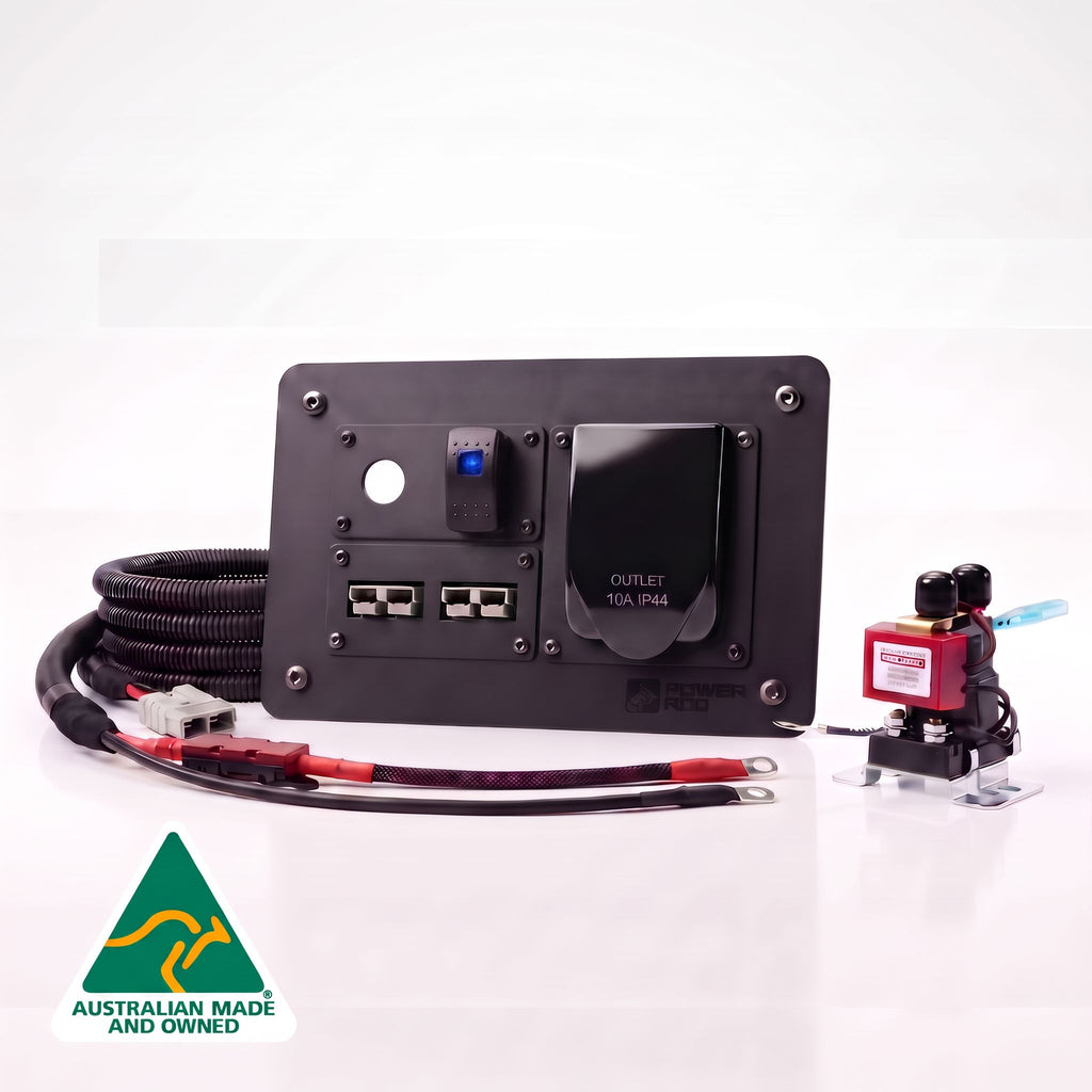 Ford Ranger pre-wired power panel kit with a roller shutter switch outlet, ARB air coupler cutout, compressor switch, dual Anderson 50amp connectors, 230volt weatherproof mains inverter socket, 6B&S 50amp wiring harness and smart isolator