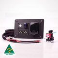 Ford Ranger pre-wired power panel kit with a roller shutter switch outlet, ARB air coupler cutout, compressor switch, dual Anderson 50amp connectors, 230volt weatherproof mains inverter socket, 6B&S 50amp wiring harness and smart isolator