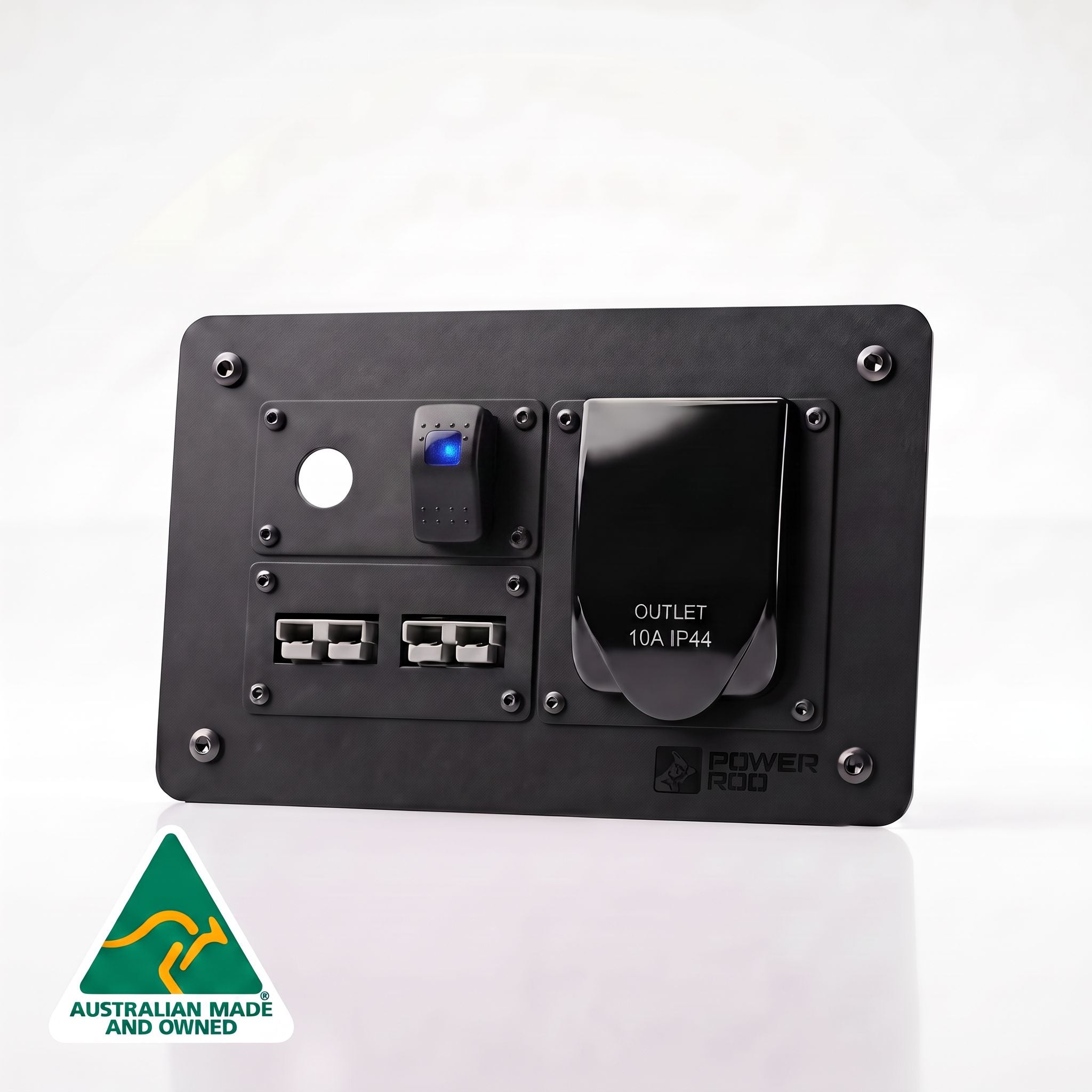 Ford Ranger pre-wired power panel kit with a roller shutter switch outlet, ARB air coupler cutout, compressor switch, dual Anderson 50amp connectors, 230volt weatherproof mains inverter socket