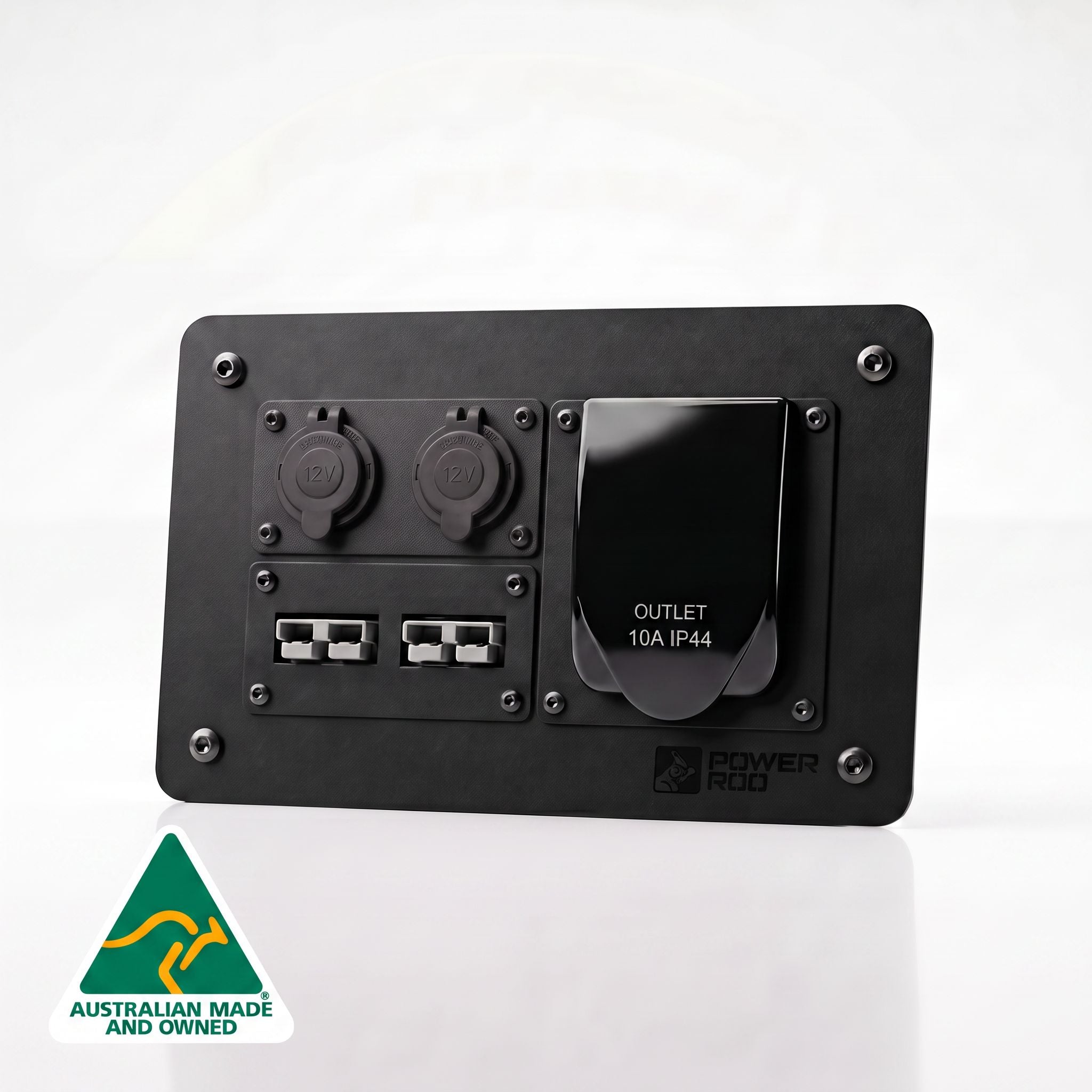 Ford Ranger pre-wired power panel kit with twin 12 volt outlets, dual anderson 50amp connectors, 230volt weatherproof mains inverter socket