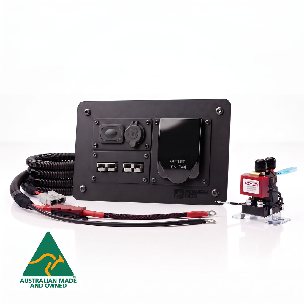 Ford Ranger pre-wired power panel kit with a roller shutter switch outlet, 12v outlet, dual Anderson 50amp connectors, 230volt weatherproof mains inverter socket, 6B&S 50amp wiring harness and smart isolator