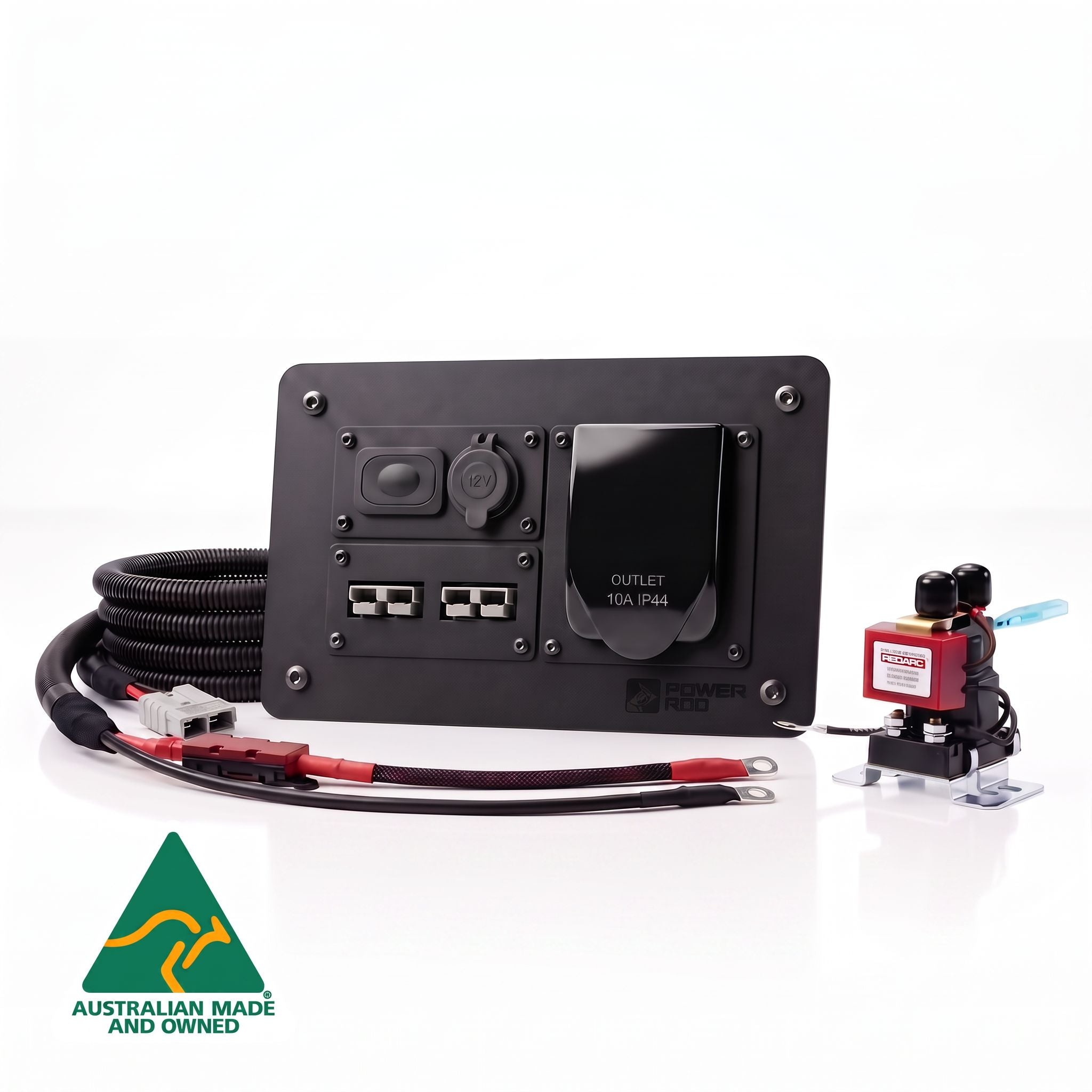 Ford Ranger pre-wired power panel kit with a roller shutter switch outlet, 12v outlet, dual Anderson 50amp connectors, 230volt weatherproof mains inverter socket, 6B&S 50amp wiring harness and smart isolator