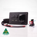 Ford Ranger pre-wired power panel kit with a roller shutter switch outlet, USB-C outlet, dual Anderson 50amp connectors, 230volt weatherproof mains inverter socket, 6B&S 50amp wiring harness and smart isolator