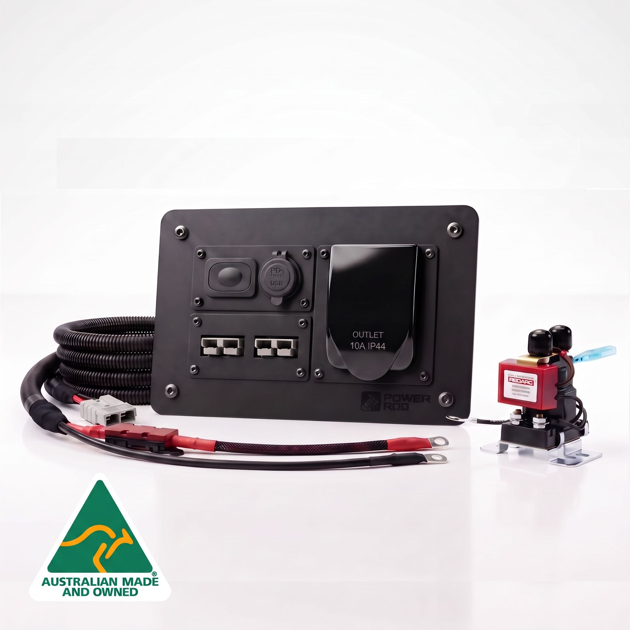 Ford Ranger pre-wired power panel kit with a roller shutter switch outlet, USB-C outlet, dual Anderson 50amp connectors, 230volt weatherproof mains inverter socket, 6B&S 50amp wiring harness and smart isolator
