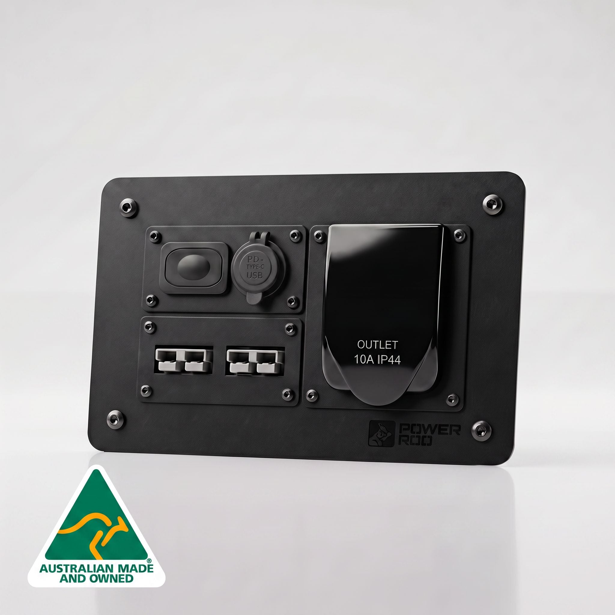 Ford Ranger pre-wired power panel kit with a roller shutter switch outlet, USB-C outlet, dual Anderson 50amp connectors, 230volt weatherproof mains inverter socket