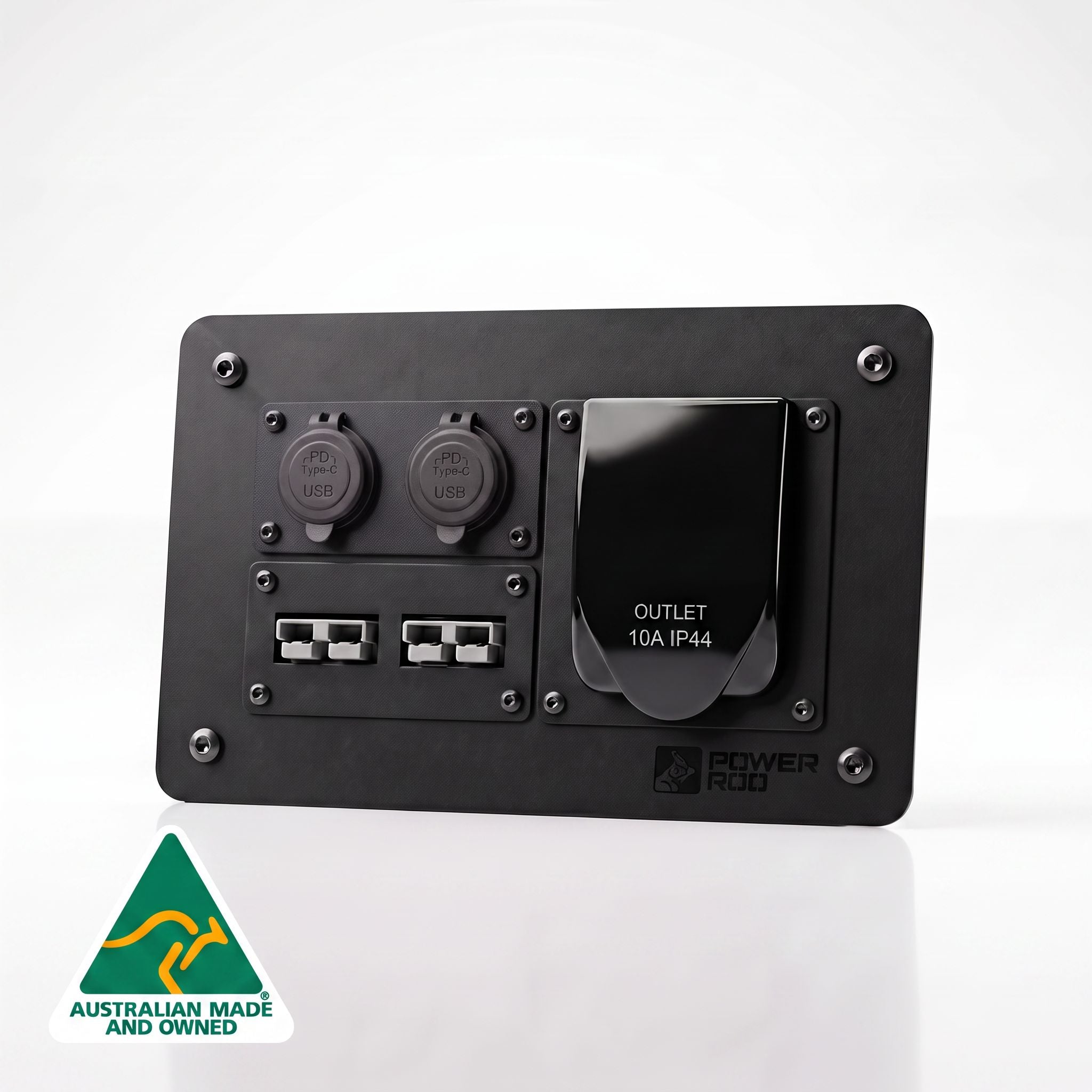 Ford Ranger pre-wired power panel kit with two dual USB-C outlets, dual Anderson 50amp connectors, 230volt weatherproof mains inverter socket